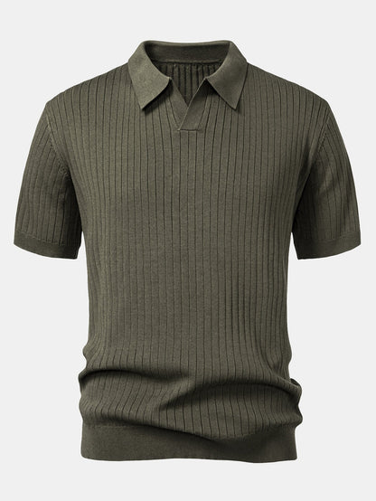 Striped V-Neck Knit Polo
