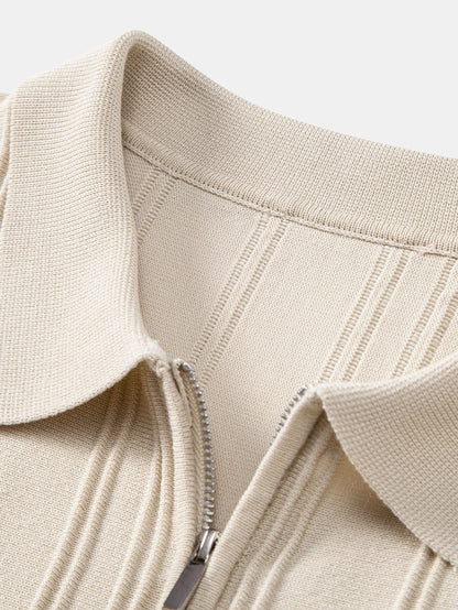 Striped Jacquard Knit Polo Shirt with Zipper