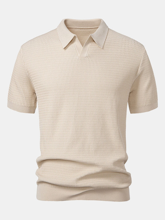 V-Neck Polo Shirt with Wave Jacquard Knit