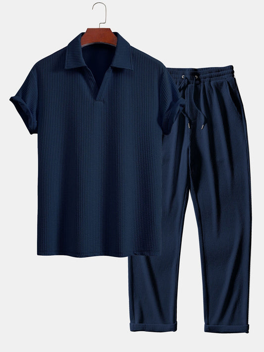 Textured V-Neck Polo & Trousers Set