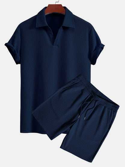 Textured V-Neck Polo & Shorts