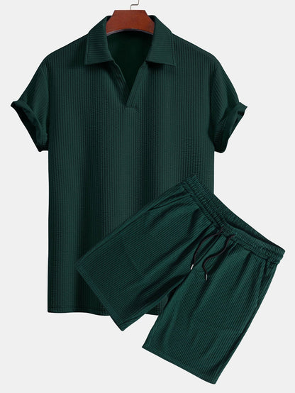 Textured V-Neck Polo & Shorts